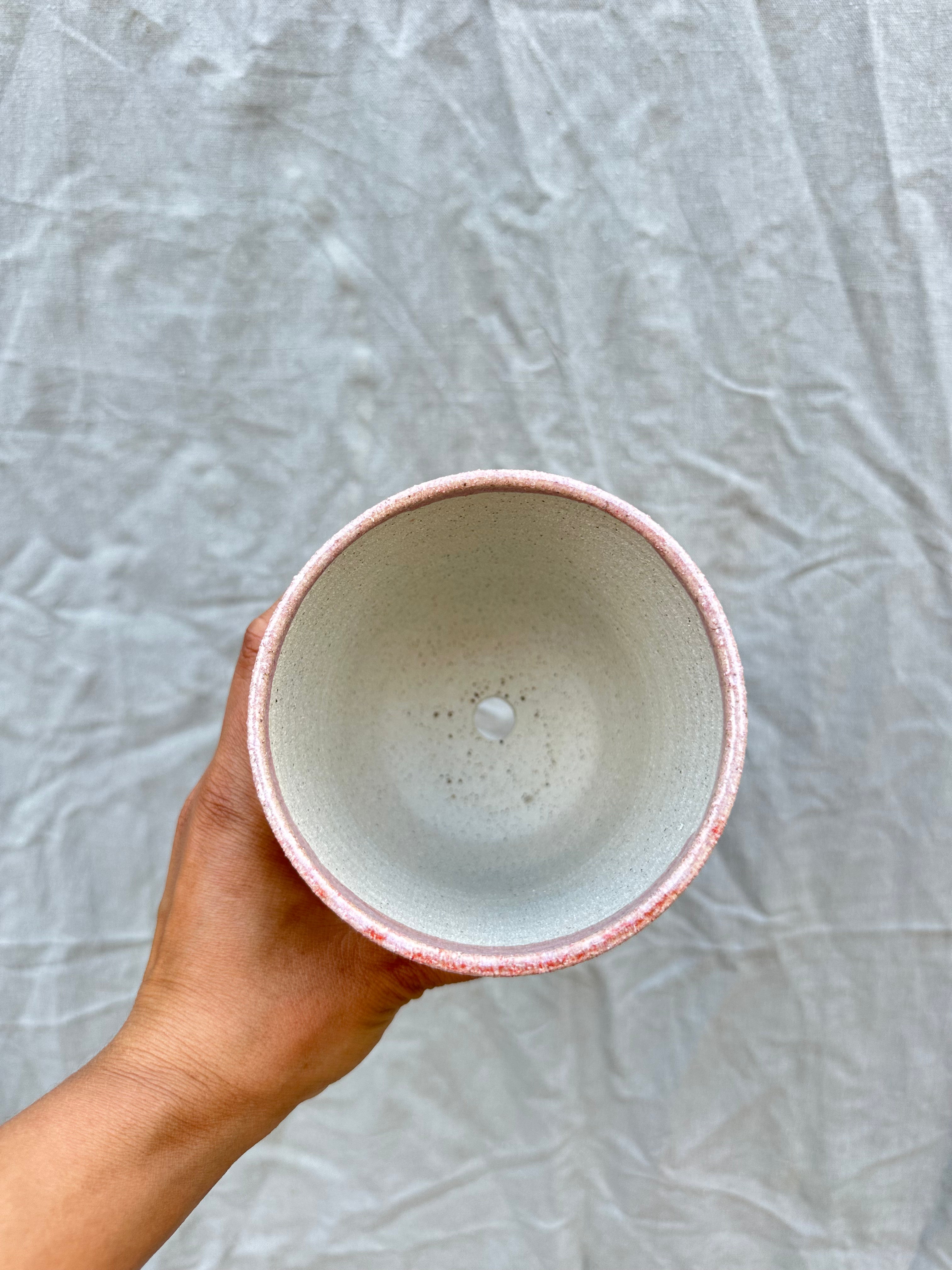 Hand holding a ceramic planter with a pink rim against a textured gray background