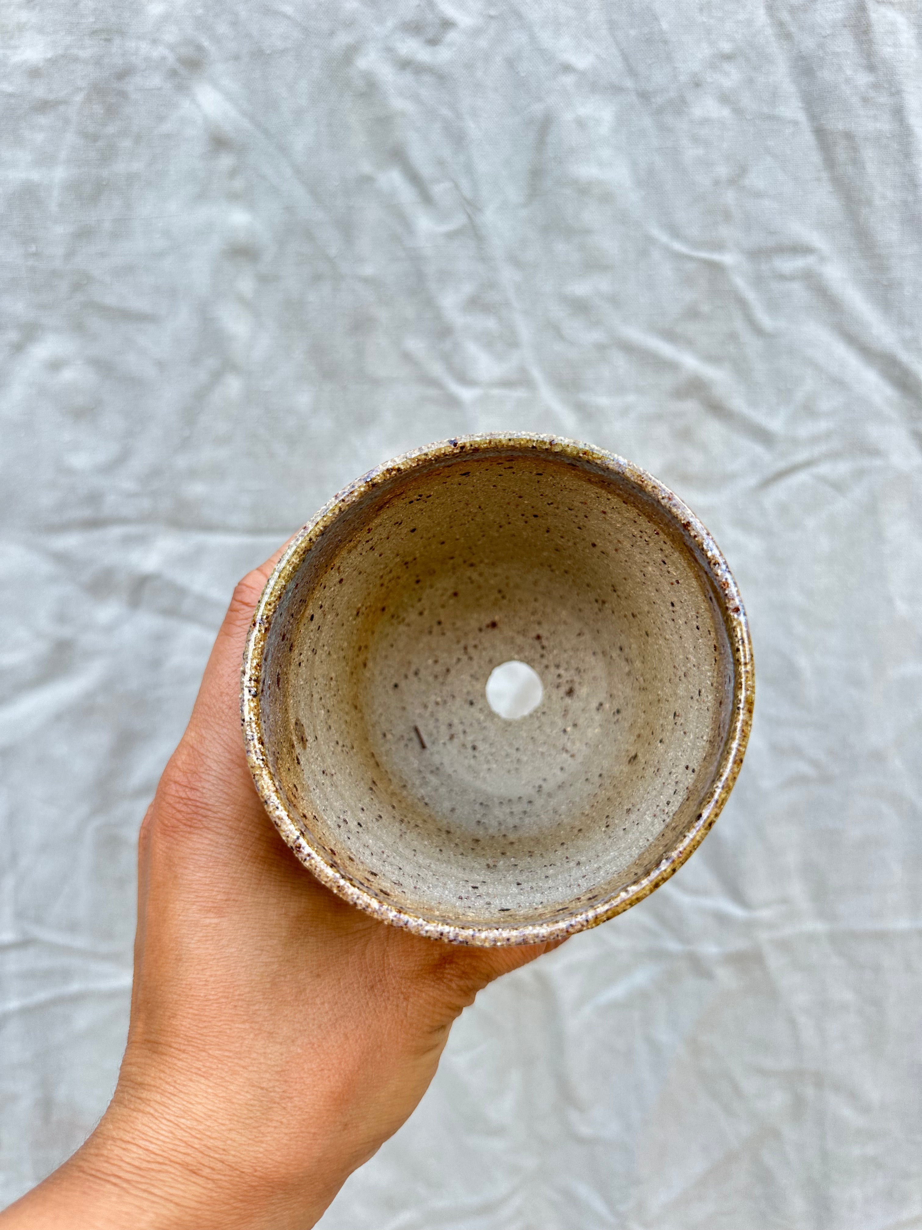 Hand holding a small ceramic planter against a textured light gray background